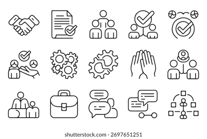 A collection of hand-drawn business icons representing teamwork, agreement, and success, sketched on a white background.