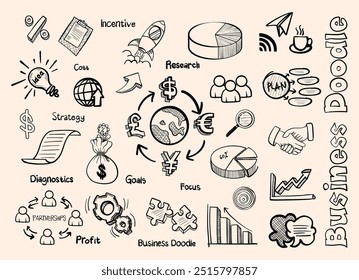 collection of hand-drawn business strategy elements. Includes icons for brainstorming, planning, teamwork, and growth. Perfect for adding a visual element to your business presentations.