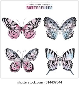 Collection of hand-drawn butterflies silhouette with watercolor pink and blue texture, vector illustration.