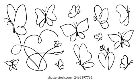 A collection of hand-drawn butterfly outlines in various styles, perfect for decorative and artistic projects on a white background.