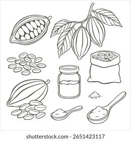 A collection of hand-drawn cacao and chocolate-themed illustrations. Outline elements, ideal for food illustrations, packaging design, or educational materials.