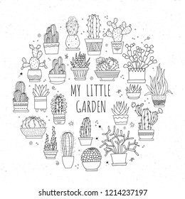 Collection of hand-drawn cacti and succulents in pots. Monochrome line art ink illustration.