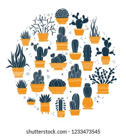 Collection of hand-drawn cacti and succulents in pots. Vector illustration in colors isolated on white background. Can be used as a print on t-shirts, bags, stationery, posters, greeting cards.