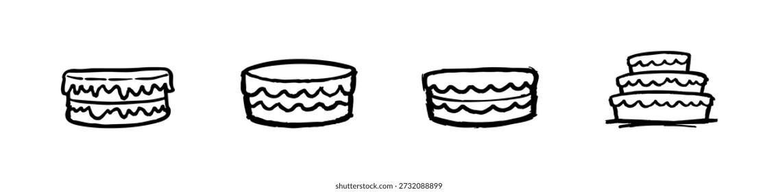 Collection of hand-drawn cake illustrations in black line art style. Features tiered cakes and layered sponge designs with wavy icing.