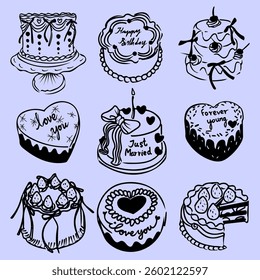 Collection Of Handdrawn Cakes With Various Decorations And Messages For Celebration and special Occasion