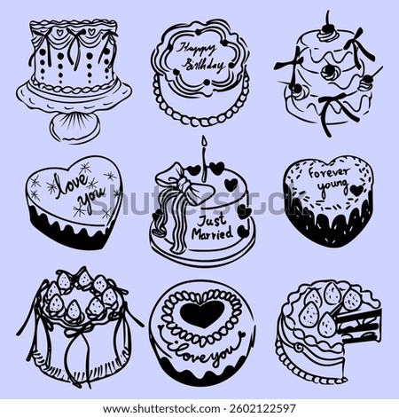 Collection Of Handdrawn Cakes With Various Decorations And Messages For Celebration and special Occasion