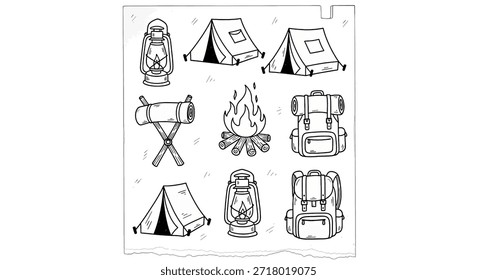 Una colección de elementos esenciales de camping dibujados a mano, que incluyen tiendas de campaña, linternas, fogatas, equipo para dormir y mochilas, representados en un estilo de doodle simple.