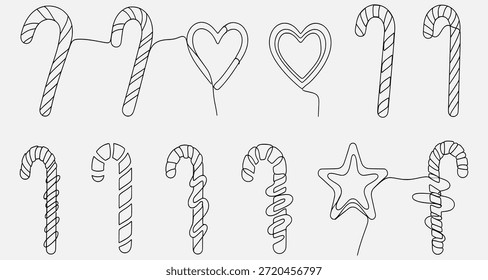 Coleção de bengalas de doces desenhadas à mão, corações e estrela no fundo branco