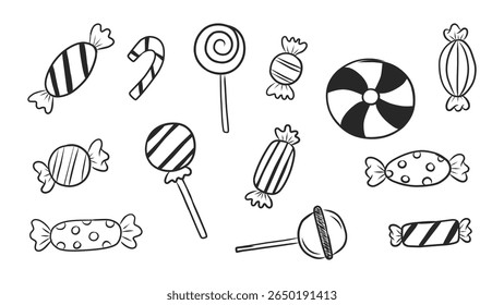 Collection of Hand-Drawn Candy and Lollipop Illustrations with Various Designs