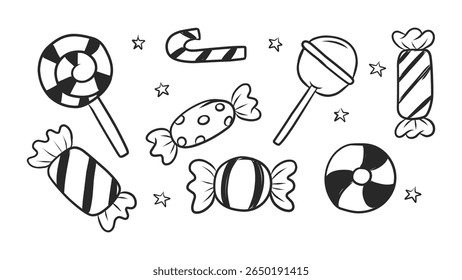Collection of Hand-Drawn Candy and Lollipop Illustrations with Various Designs