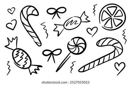 A collection of hand-drawn candy and sweets doodles, featuring candy canes, lollipops, and hearts. Perfect for holiday and festive designs.