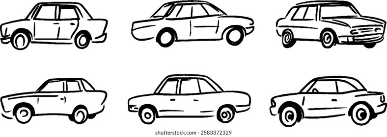 A collection of hand-drawn car illustrations in various styles and angles. The cars are simple and cartoonish, showcasing different designs and shapes.