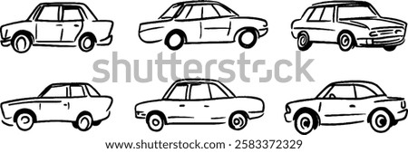 A collection of hand-drawn car illustrations in various styles and angles. The cars are simple and cartoonish, showcasing different designs and shapes.