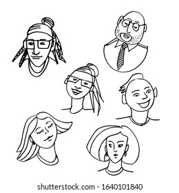 a collection of hand-drawn caricature portraits of men and women. Sketch, Doodle illustration. Vector