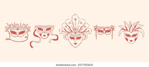 Collection of hand-drawn carnival masks. Mardi Gras festival, carnival