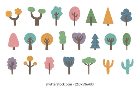 A collection of hand-drawn cartoon trees. Vector bright illustration. Perfect for creating maps, T-shirt prints, nursery decor, posters