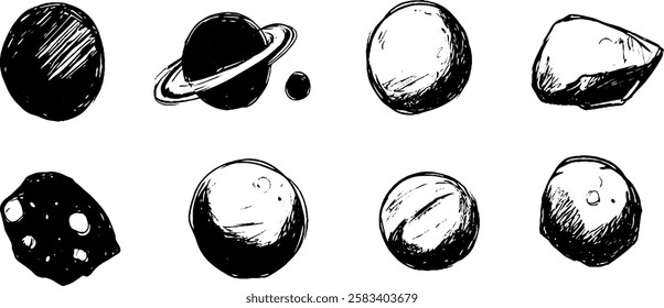 A collection of hand-drawn celestial bodies including planets, asteroids, and moons, showcasing various textures and shapes in a monochrome style.