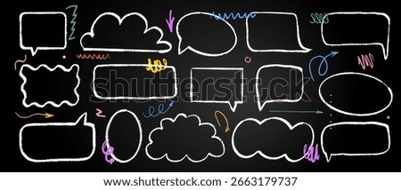 Collection of hand-drawn chalk text boxes and speech bubbles with colorful scribbles in blackboard. Design elements for creative notes, planning, education.