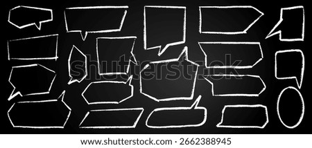 A collection of hand-drawn chalk text and speech bubbles on a blackboard. Design elements for education, communication, and creative concepts.