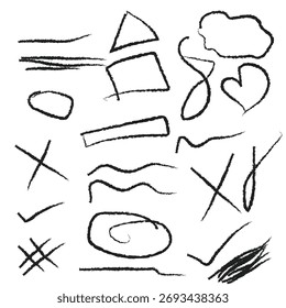 Collection of hand-drawn chalk-like doodles and scribbles featuring geometric shapes, lines, and symbols on a white background.