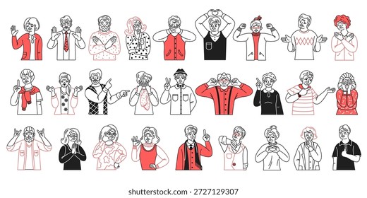 Una colección de personajes dibujados a mano que expresan una variedad de emociones a través de gestos y lenguaje corporal. Cada personaje muestra una vestimenta y un estilo únicos.