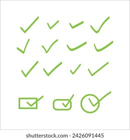 Collection of hand-drawn checkmarks, green tick set in vector illustration. 