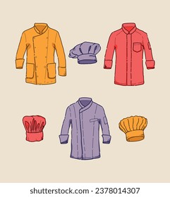 collection of handdrawn chef jacket and chef hat set