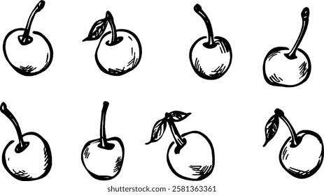A collection of hand-drawn cherries in various orientations, showcasing their round shape and leaves. The illustrations are simple and artistic, emphasizing the fruit's natural form.