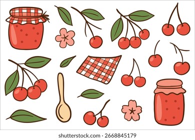 A collection of hand-drawn cherry illustrations, including jars of jam, cherries on branches, a spoon, and decorative flowers. Bright and colorful design elements.