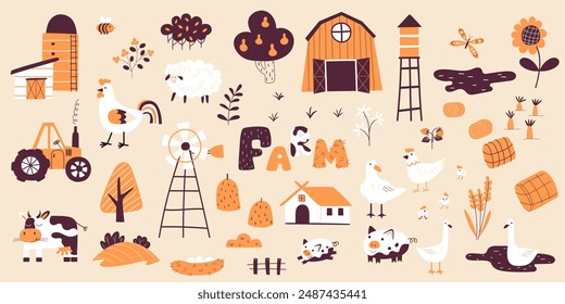 A collection of hand-drawn children's elements about the farm. Vector hand drawn characters of domestic animals, countryside, houses and barns with tractor and garden.