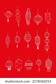 A collection of hand-drawn Chinese lanterns in white on a red bright background. Traditional Asian decorative elements for festivals and celebrations.