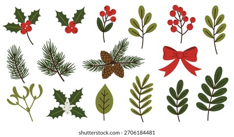 A collection of hand-drawn Christmas botanical elements including holly, berries, pine branches, pinecones, and a red bow.