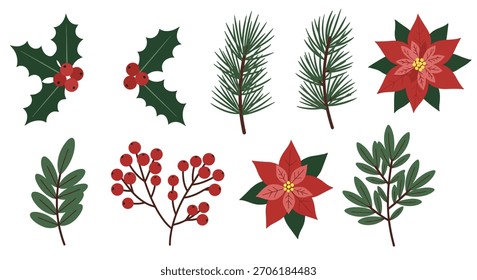 A collection of hand-drawn Christmas botanical elements including holly leaves with berries, pine branches, poinsettia flowers, and red berries.