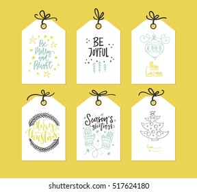 Collection Of Handdrawn Christmas Card Templates. New Year Present Tags Made In Vector.