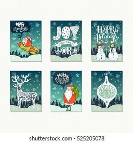 Collection of handdrawn Christmas card templates. Hand lettering with Christmas saying, quote and greeting. New Year gift tags made in vector.