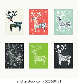 Collection of handdrawn Christmas card templates. Hand lettering with Christmas saying Have a Holly Jolly Christmas in shape of a reindeer. New Year gift tags made in vector.