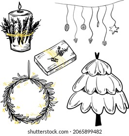 Collection of hand-drawn Christmas elements in doodle style.