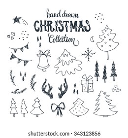 Collection of handdrawn Christmas elements inclidong Christmas tree, decorations, presents, stars. Holiday doodle.