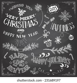 Collection of hand-drawn Christmas and Happy New Year labels and elements. Set of hand-lettering and typographic elements on blackboard background with chalk