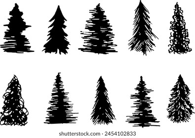 Collection of hand-drawn Christmas trees. Isolated decoration elements.