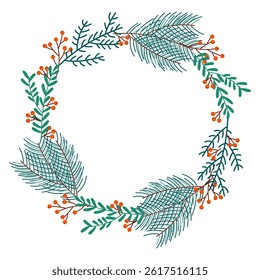 Collection of hand-drawn Christmas wreaths with pine branches, red berries, candy canes, and cookies for festive design projects.