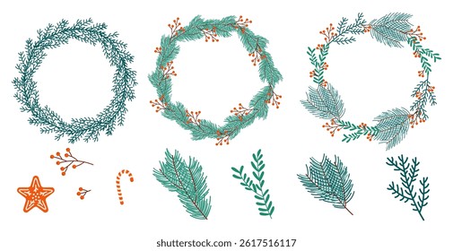 Collection of hand-drawn Christmas wreaths with pine branches, red berries, candy canes, and cookies for festive design projects.