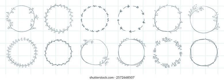 Collection of hand-drawn circular frames with floral designs. Each frame features unique floral patterns. Perfect for decorative floral-themed projects. Frame element vector set.