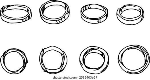 A collection of hand-drawn circular shapes, resembling rings or bands, arranged in two rows. The rings vary in thickness and style, showcasing different designs.