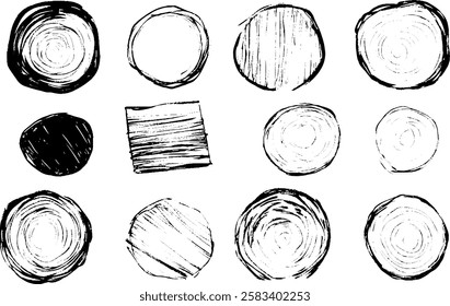 A collection of hand-drawn circular shapes in various styles, including solid black, textured, and empty circles.