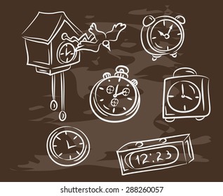 Collection of hand-drawn clock on blackboard. Retro vintage style .