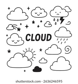A collection of hand-drawn cloud illustrations featuring various expressions, including happy and sad clouds, along with stars, raindrops, and a lightning bolt.