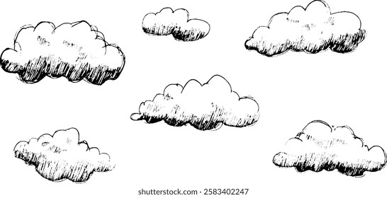 A collection of hand-drawn clouds in various sizes and shapes, set against a white background. The clouds have a sketchy, artistic style, giving a whimsical feel.