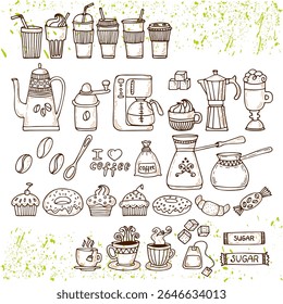 A collection of hand-drawn coffee and beverage-related items, including cups, pots, and sweets, showcasing a cozy drink theme.