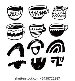 A collection of handdrawn coffee cups displayed on a white background. These drinkware items showcase unique designs and logos, perfect for a modern table setting